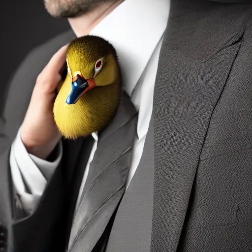 Image similar to a high detail photo of a man with a duck's head wearing a suit, photorealism