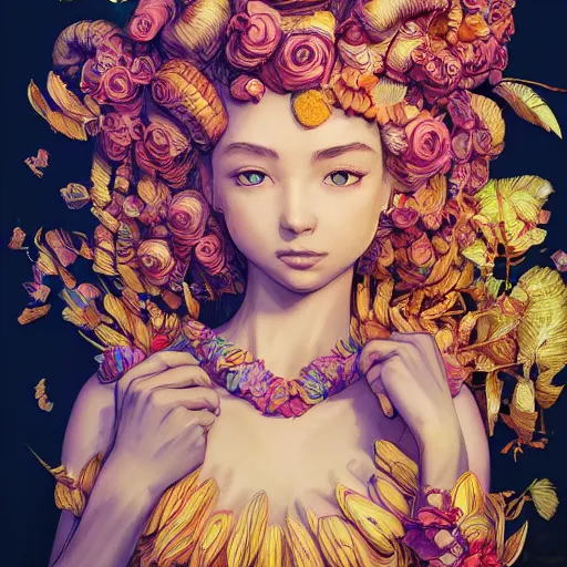 Prompt: the portrait of an absurdly beautiful, graceful, elegant young woman made of bananas and petals, an ultrafine detailed illustration by kim jung gi, irakli nadar, intricate linework, bright colors, octopath traveler, final fantasy, angular, unreal engine 5 highly rendered, global illumination, radiant light, detailed and intricate environment