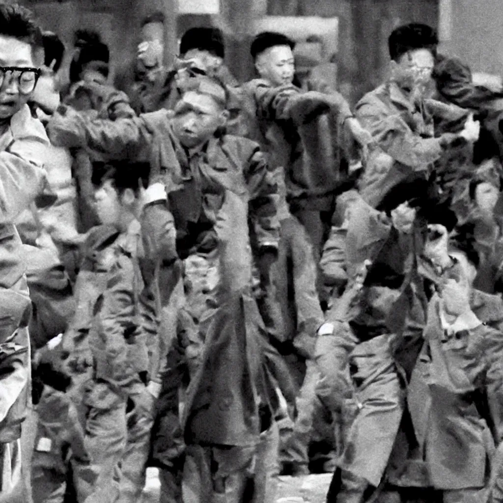 Image similar to low resolution filmstill of a north Korean thriller in the style of Kim Jong-il and Shinya Tsukamoto