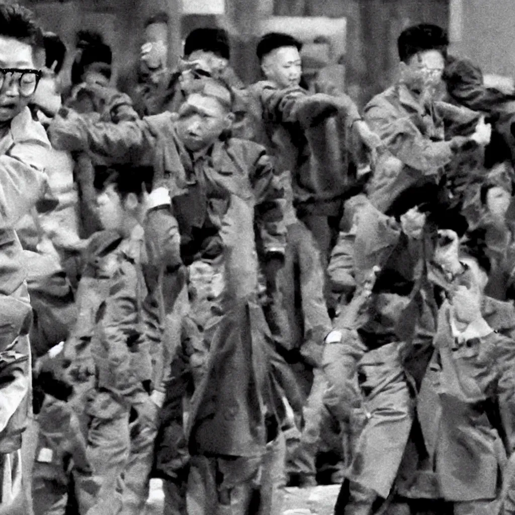 Prompt: low resolution filmstill of a north Korean thriller in the style of Kim Jong-il and Shinya Tsukamoto