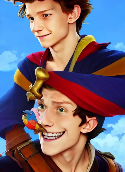 Image similar to cute tom holland as a pirate captain. parrot on his shoulder, natural lighting, path traced, highly detailed, high quality, digital painting, by don bluth and ross tran and studio ghibli and alphonse mucha, artgerm