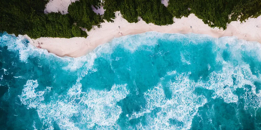 Image similar to arial shot of the beach with waves rolling in, azure blue water, white sand, slight grain