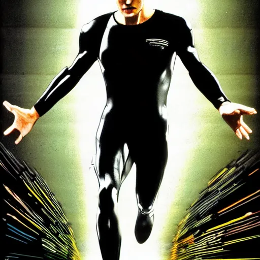 Prompt: Trinity the matrix, running as a sprinter athletic attire with cyborg legs, diesel punk, athletic footage, 1980's, olympics, cinematic, art deco