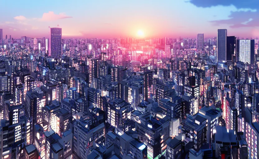 Image similar to 3 d render of tokyo city from a rooftop view, sunset lighting, unreal engine, hyper realism, realistic shading, cinematic composition, blender render, octane render, hdr, detailed textures, photorealistic, ultrawide shot, 1 6 mm lens