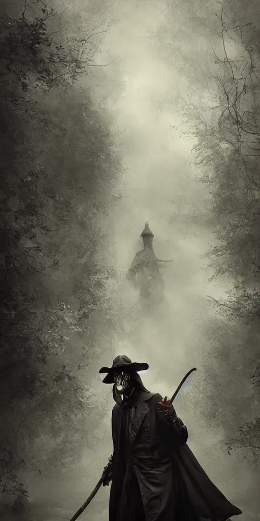 Image similar to poisonous river, plague doctor, medium shot, dark fantasy, gritty, by paolo roversi, by bastien lecouffe - deharme, by yanjun chen, by makoto shinkai