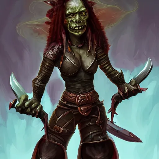 Prompt: character portrait of a crazed female goblin wielding daggers and wearing leather armor. d & d. digital painting. high detail. trending on artstation.