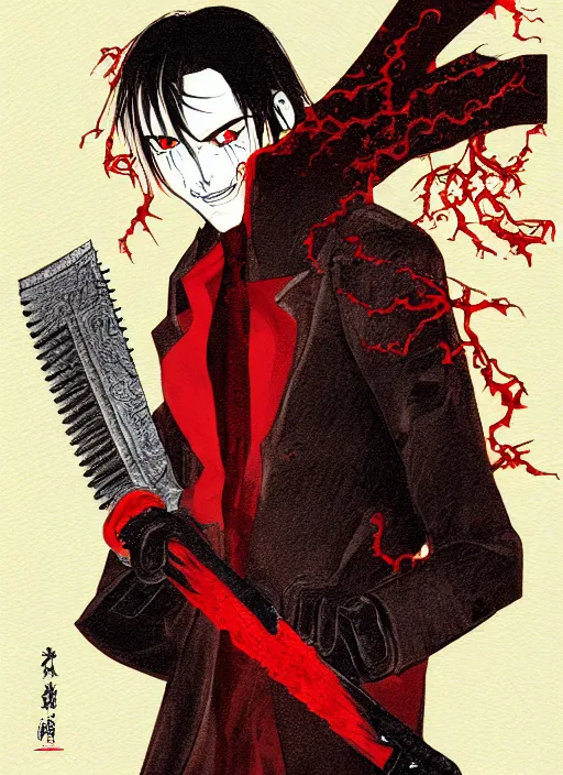 Image similar to illustration of a handsome male vampire by tatsuki fujimoto, long black hair, glowing red eyes, brown coat, chainsaw sword