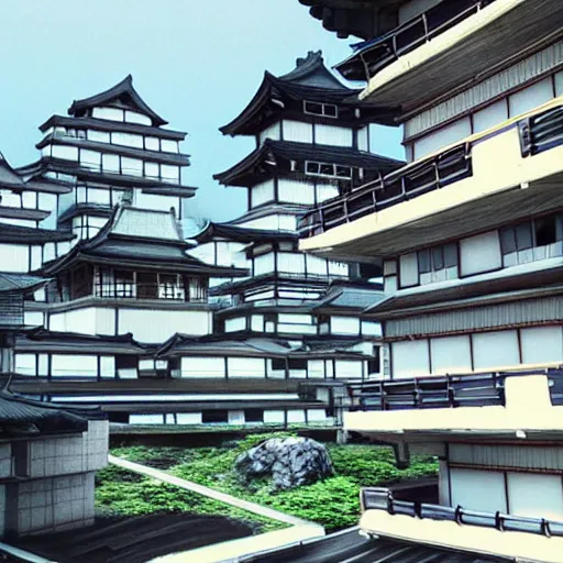 Prompt: “inside of a futuristic Japanese village. Towering over all of the buildings is a computer server hooked up to a wall. Scene rendered inside of room”