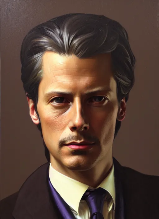 Image similar to oil portrait of miles edgeworth, intricate, elegant, highly detailed, lighting, painting, artstation, smooth, illustration, art by greg rutowski and alphonse mucha