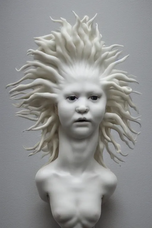 Image similar to full head and shoulders, beautiful female porcelain sculpture by daniel arsham and raoul marks, smooth, large hair is solid gold, all face features are white, on a white background, delicate facial features, white eyes, white lashes, detailed white, lots of 3 d giant axolotls on the head