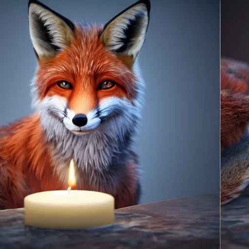 Image similar to a beautiful hyper realistic ultra detailed lifelike matte painting of a fox in front of a candle, unreal engine, deviantart, flickr, artstation, octane render, textured, colorful, extreme realistic detail, physically based rendering, pbr render, very detailed, volumetric lighting, detailed lighting, octane render, 4 k, cinematic lighting, 8 k resolution