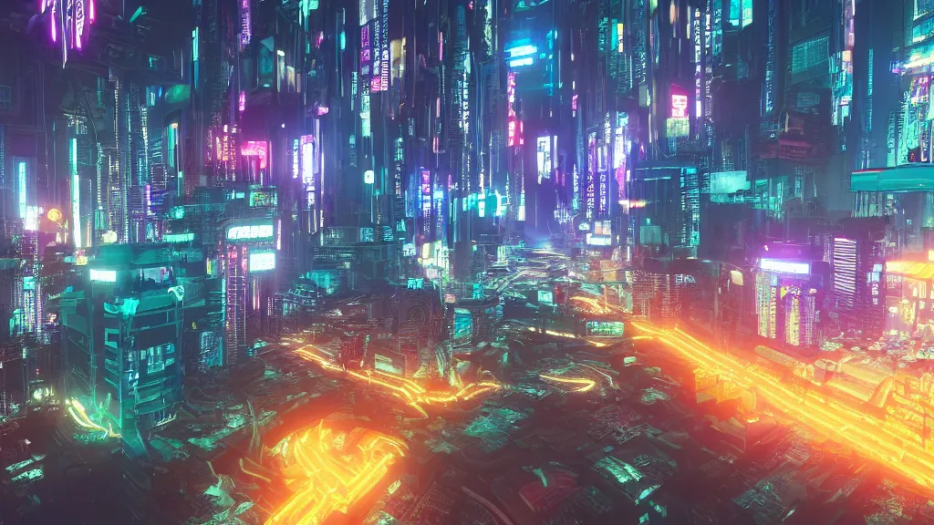 Image similar to cyberpunk city built underwater, nighttime, fluorescent led, made in blender, octane render, cinematic, volumetric lighting, futuristic,, hyperrealistic, highly detailed, colourful 4 k hd