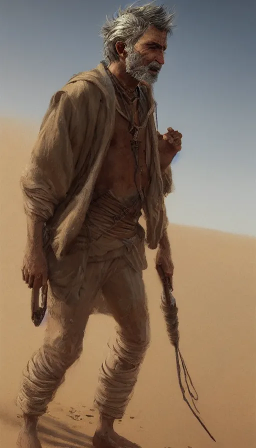 Prompt: Portrait of an old nomad walking across a sand dune, male, detailed face, fantasy, highly detailed, cinematic lighting, digital art painting by greg rutkowski