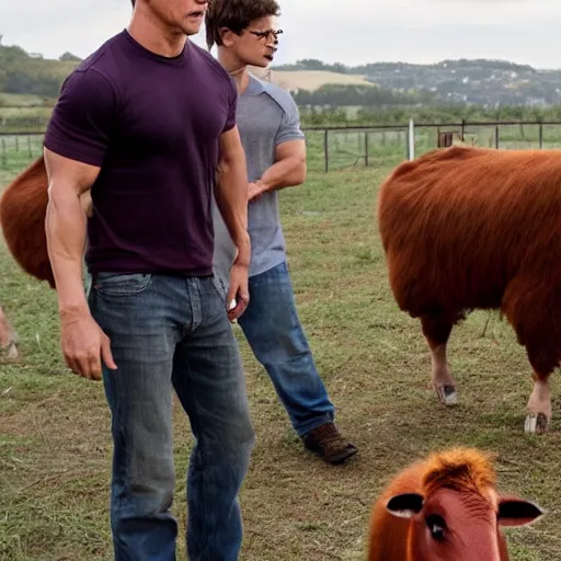 Image similar to mark wahlberg and andy samberg talking to farm animals