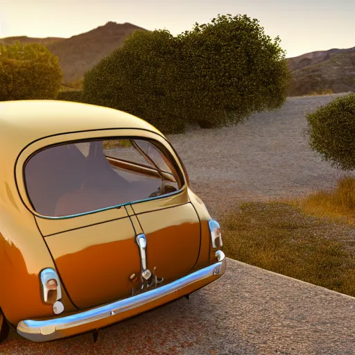 Prompt: Old FIAT 600 Classic Car in Cap de Creus, golden hour, unreal engine 8k