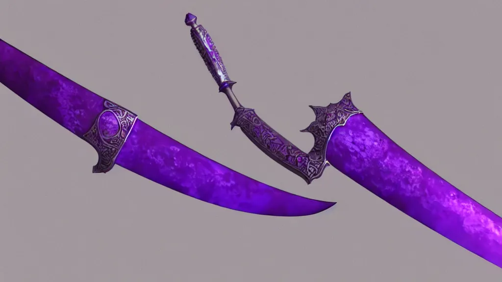 Image similar to medieval broad sword, purple aura, purple inscription on blade, intrinsic design, hyper detailed, 4 k, 8 k, octane render