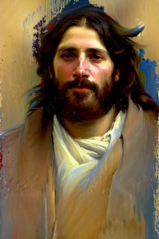 Image similar to impressionist brushstrokes!!!!!!!!! solomon joseph solomon and richard schmid and jeremy lipking victorian loose genre loose painting full length portrait painting of jesus with a slight smile happy inviting