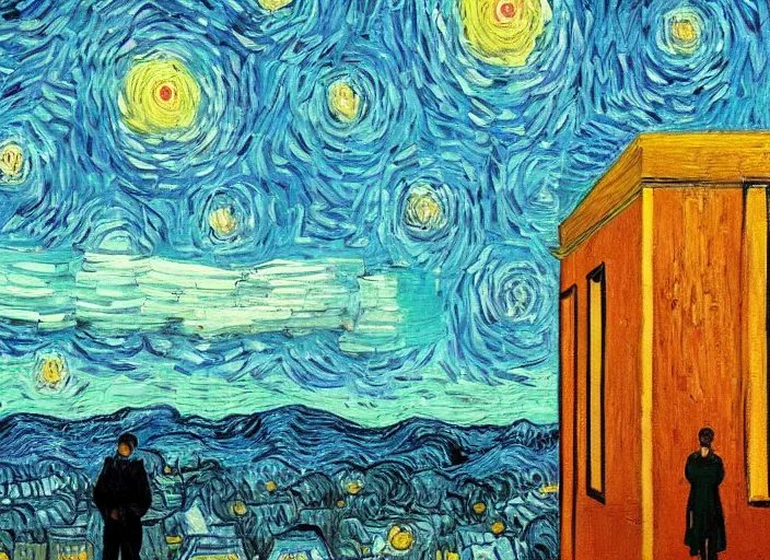 Image similar to painting of the last human on Earth standing watching an alien invasion descend above a city, in the style of Vincent Van Gogh and Edward Hopper
