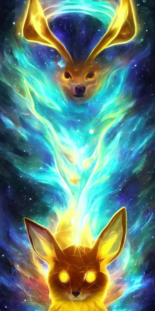 Image similar to geometric symmetrical jolteon with galaxy eyes in space, nebula in the background, intricate, elegant, highly detailed, digital painting, artstation, concept art, smooth, sharp focus, illustration, art by artgerm