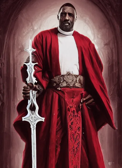 Image similar to a highly detailed illustration of idris elba as a sadistic white haired priest wearing red and white robe, dramatic smiling wielding blade of blood pose, gothic church background, intricate, elegant, highly detailed, centered, digital painting, artstation, concept art, smooth, sharp focus, league of legends concept art, wlop