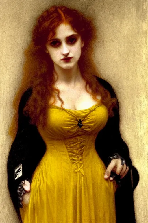 Image similar to victorian vampire in yellow dress, painting by rossetti bouguereau, detailed art, artstation