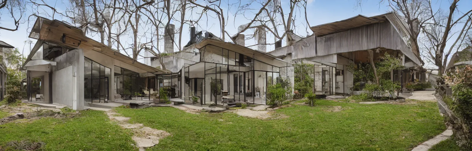 Prompt: A residential house built in a colonial style with a renovated usoian upper floor, a brutalist sunroom on the right hand side, and a bauhaus roof line. well lit from the inside, Real estate photography