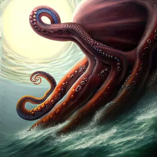 Image similar to a dream fantasy painting of a giant octopus in the deep of the ocean attack a swimming man, by beksinki, giger, greg rutkowski, carne griffith trending on artstation, deviantart, photorealism