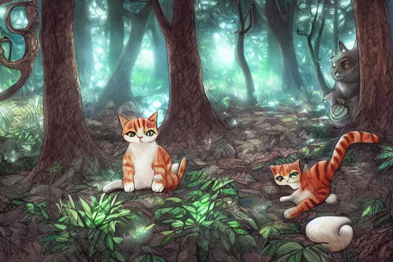 Image similar to a cat in a forest, highly detailed, digital art, trending on artstation, backlighting, by kawacy, by ken sugimori, fan art