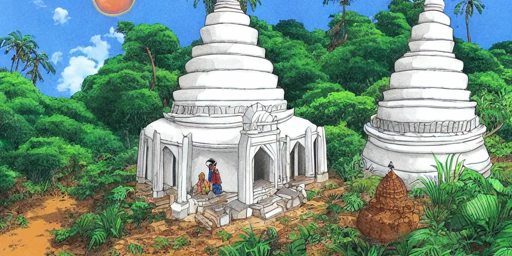 Image similar to sri lankan white stupa hidden in the jungle village, rule of thirds, drawn by hayao miyazaki