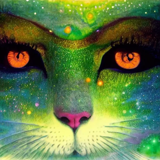 Image similar to psychedelic amber eyes cat eyes lush pine forest, outer space, milky way, designed by arnold bocklin, jules bastien - lepage, tarsila do amaral, wayne barlowe and gustave baumann, cheval michael, trending on artstation, star, sharp focus, colorful refracted sparkles and lines, soft light, 8 k 4 k