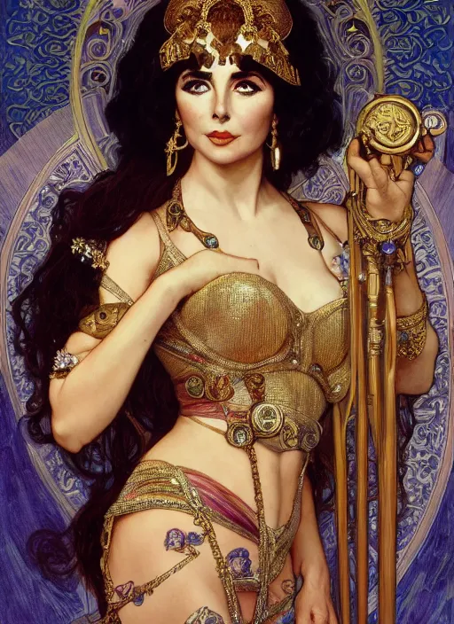 Prompt: highly detailed portrait of elizabeth taylor as cleopatra, by Alphonse Mucha, Ayami Kojima, Yoshitaka Amano, Charlie Bowater, Karol Bak, Greg Hildebrandt, Jean Delville, and Mark Brooks, 4k resolution,