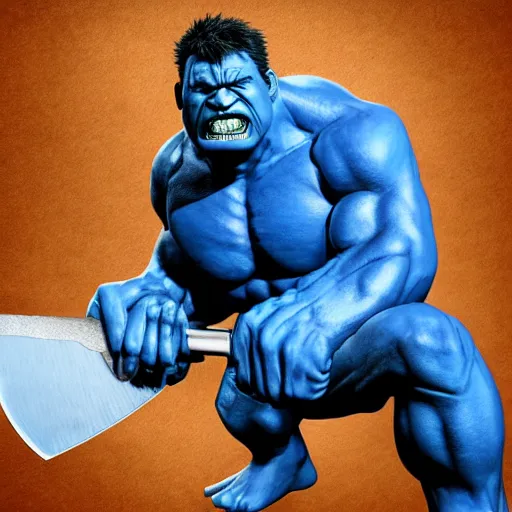 Prompt: a blue hulk with a giant meat cleaver, blue skin, muskular, mystic, highly detailed