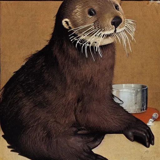 Prompt: a Norman Rockwell painting of a humanoid sea otter dentist