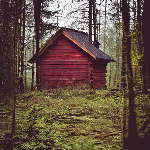 Image similar to a photo of a Eerie cabin in the middle of the woods in the style of Yohji Yamamoto