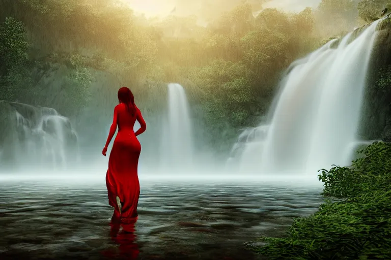 Image similar to a woman in a red dress is standing under the waterfall, post apocalypse, green everywhere, 4k, ultra details, cinematic, epic style, beautiful photo, hyper realistic, octane render, unreal engine, award winning, on artstation, volumetric lightning, masterpiece, golden hour,