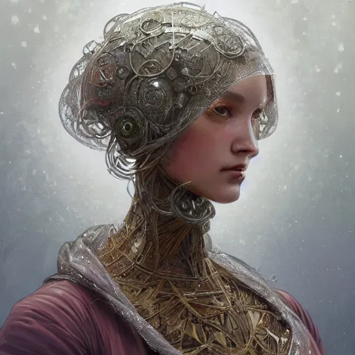 Image similar to portrait of a humanoid robot wearing a veil, mystic, mystical, robot body, intricate, headshot, highly detailed, digital painting, artstation, concept art, sharp focus, cinematic lighting, digital painting, art by artgerm and greg rutkowski, alphonse mucha, cgsociety