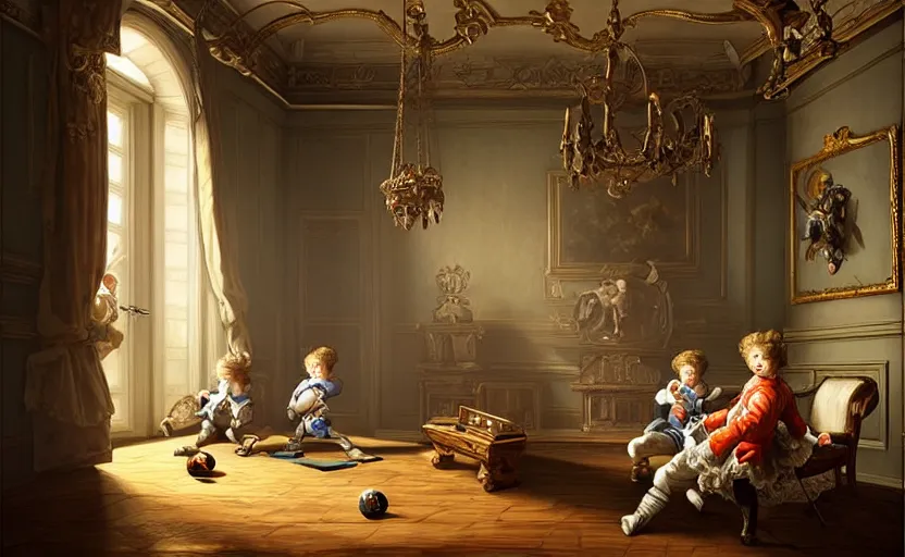 Prompt: 1 7 0 0 s, rococo, two boys playing game at a spacious gaming room with their hi - tech gaming setup, intricate, highly detailed, spacious, indoor, architecture, art by filip hodas and artgerm