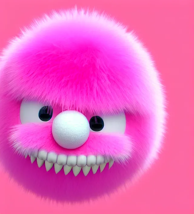 Image similar to high quality 3 d render hyperrealistic very cute big pink little spherical creature, happy, smile, plush mascot, short spiky dense fluffy smooth fur, isometric view, pink fluffy fur, 1 5 0 mm, beautiful natural soft light, rim light, smooth background, artstation, ultra detailed, elegant, ultra detailed, metallic armor, octane render