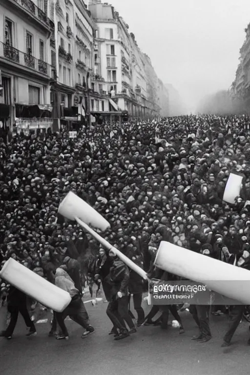 Prompt: citizens of paris riot and roll a giant cheese fondue onto champs elysees, getty images