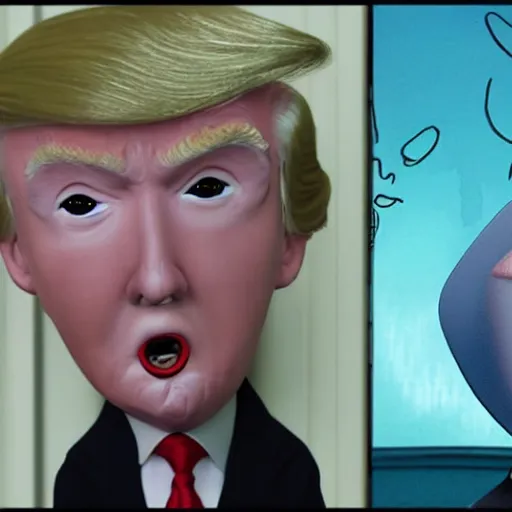 Image similar to donald trump in coraline, obese cartoon character
