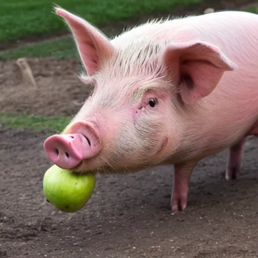 Prompt: a pig eating an apple while riding on a tractor