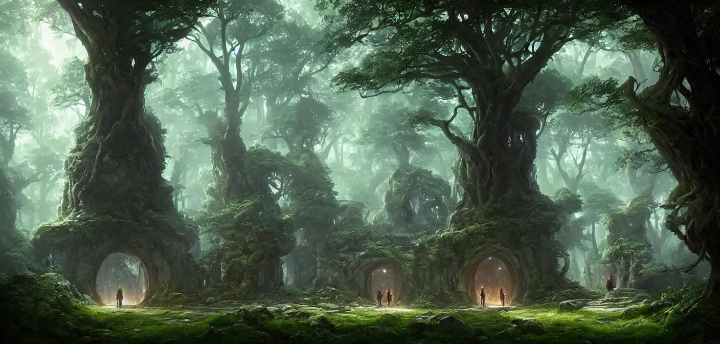 Prompt: fantasy magical fairytale portal in the forest round stone portal teleport in trees to other worlds fantastic landscape, by greg rutkowski