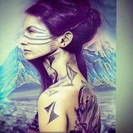 Image similar to realistic tattoo idea of a beautiful woman face double exposure with a mountain scenery