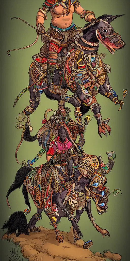 Image similar to full body portrait of african adventurer riding a fantasy quadruped with tribal decorations and tattoos by moebius, clean line, colorful comics style, artstation