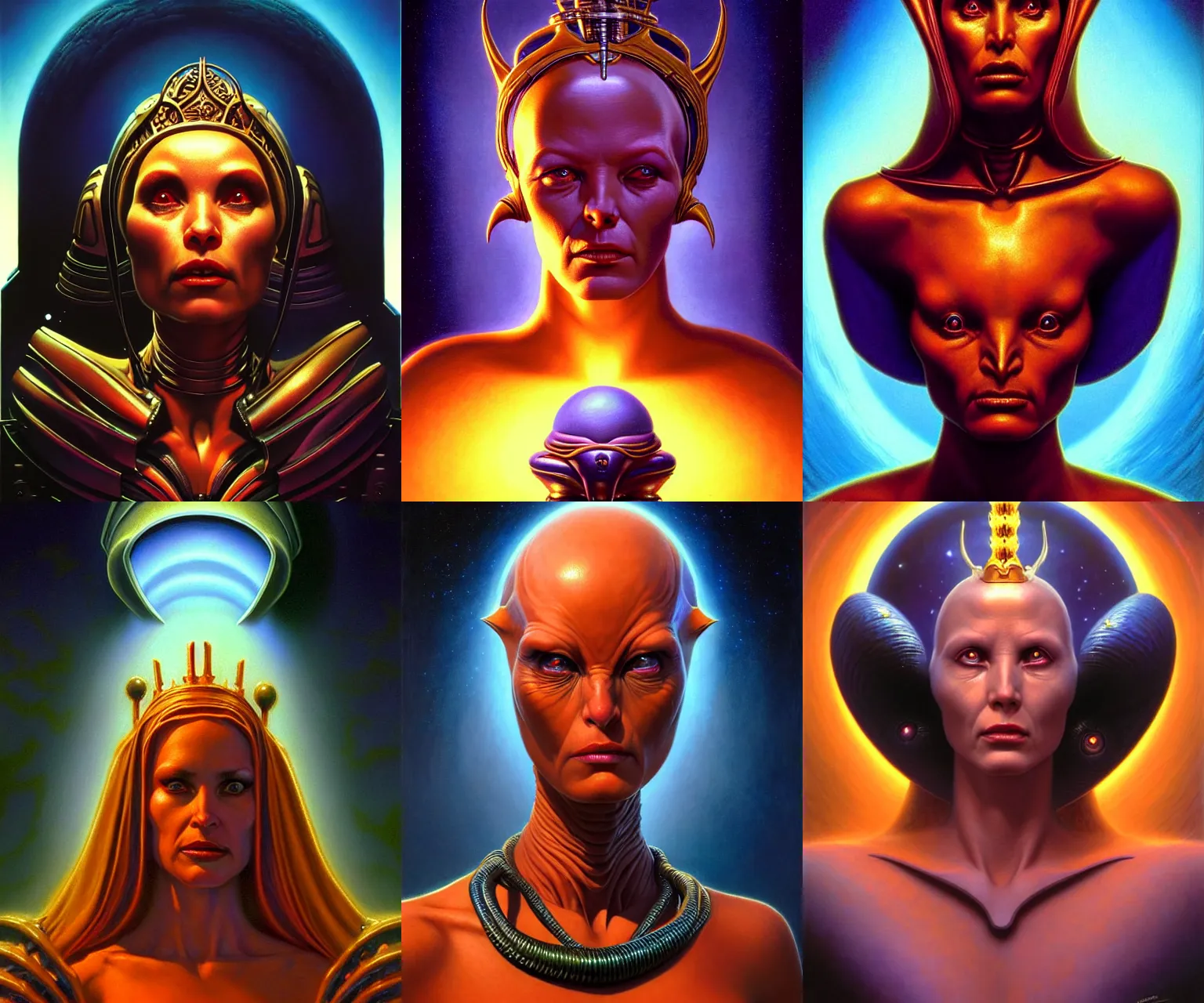 Prompt: cinematic bust portrait of benevolent female extraterrestrial queen, head and chest only, exotic alien features, Tim Hildebrandt, Wayne Barlowe, Bruce Pennington, donato giancola, anne stokes, oil on canvas, masterpiece, trending on artstation, featured on pixiv, cinematic composition, dramatic pose, beautiful lighting, sharp, details, hyper-detailed, HD, HDR, 4K, 8K