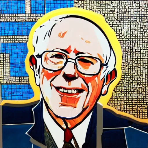 Image similar to tile mosaic mural of Bernie Sanders, intricate detailing, mostly triangular and geometric, beautiful high quality art,