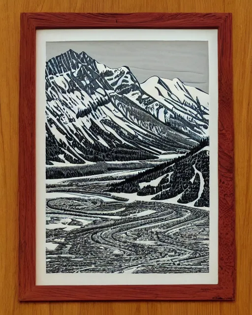 Image similar to an award winning Wood engraving on paper of The Canadian rockies