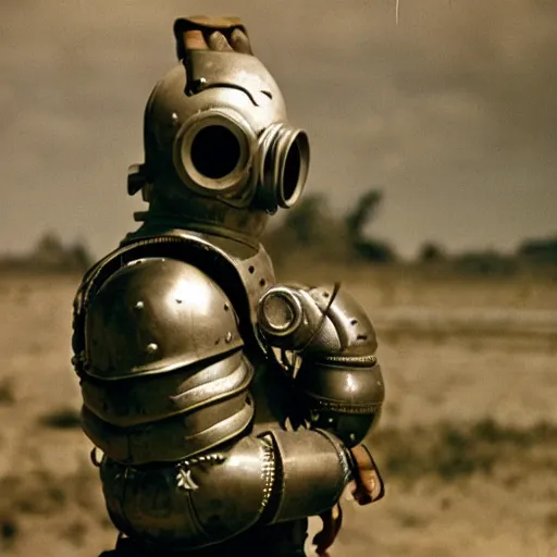 Image similar to a man wearing armor made of gasmasks, film still, arriflex 3 5