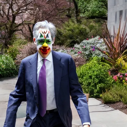 Image similar to Jerome Powell with colorful clown makeup all over his face whiteface, walking outside in a garden