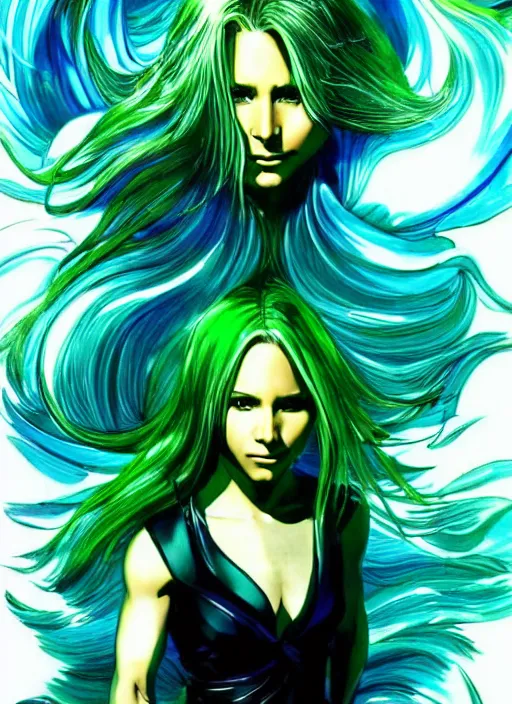 Prompt: yoji shinkawa beautiful kristen bell with green dress, very long blue hair, water powers water swirling, symmetrical face, symmetrical eyes, detailed, beach setting, cinematic lighting